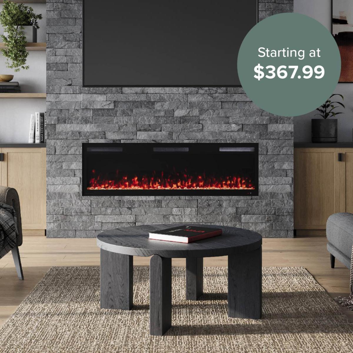 Modern living room with electric fireplace.