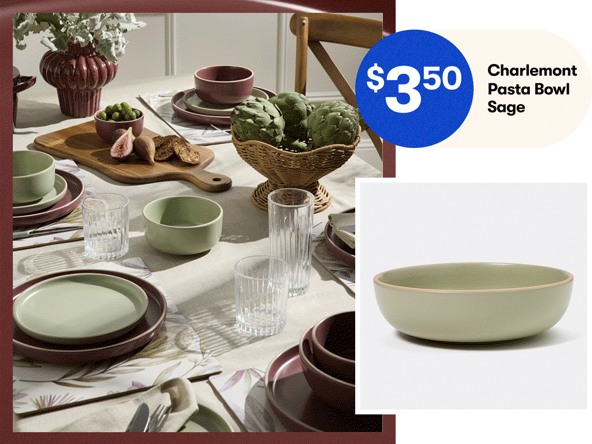 $3.50 Charlemont Pasta Bowl | $12 Scalloped Pedestal Bowl | $19 Cutlery Set 16 Piece | $18 Rectangle Bread Board
