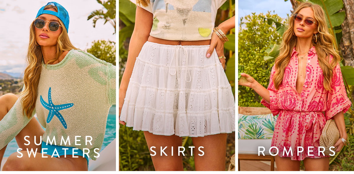 Summer Sweaters, Skirts, Rompers. 