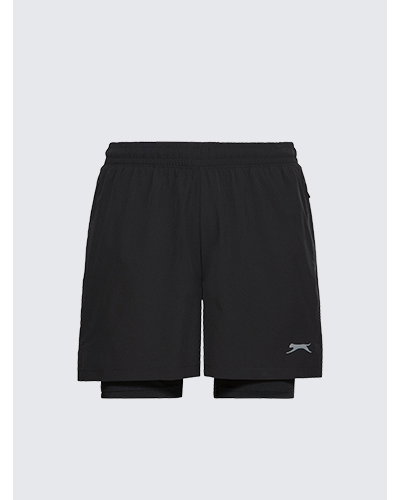 2-in-1- Trainingshose, schwarz, doppelter Stoff, elastischer Bund, Produktansicht, Vorderansicht