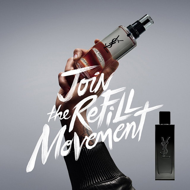 A hand holding a YSL fragrance refill bottle next to the text "Join the Refill Movement" in white brush script, with a MYSLF fragrance bottle.