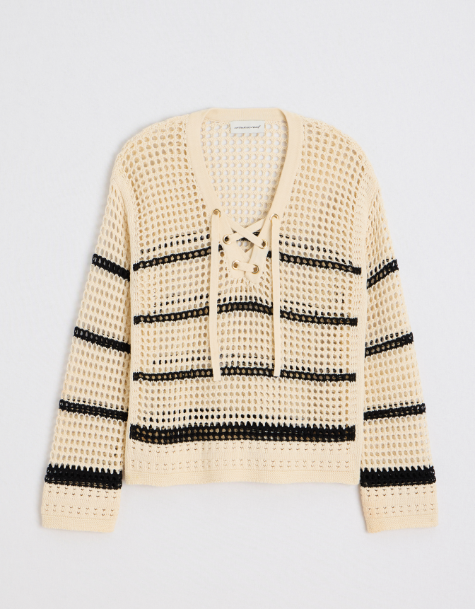 Unsubscribed Lace-Up Open-Stitch Sweater