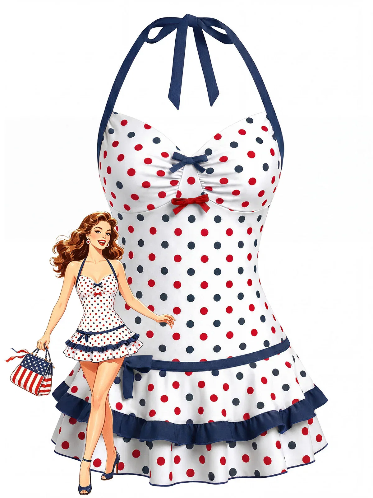 [Pre-Sale] 1940s Halter Polka Dot Bow Ruffle Swim Dress