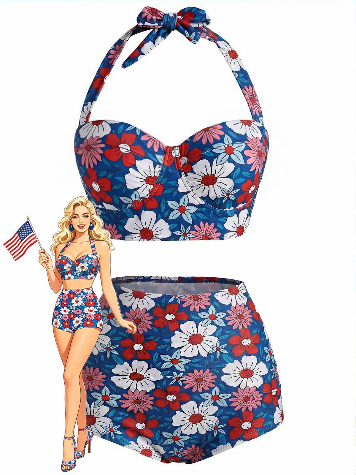 [Pre-Sale] Red & Blue & White 1950s Floral Halter Bikini Set