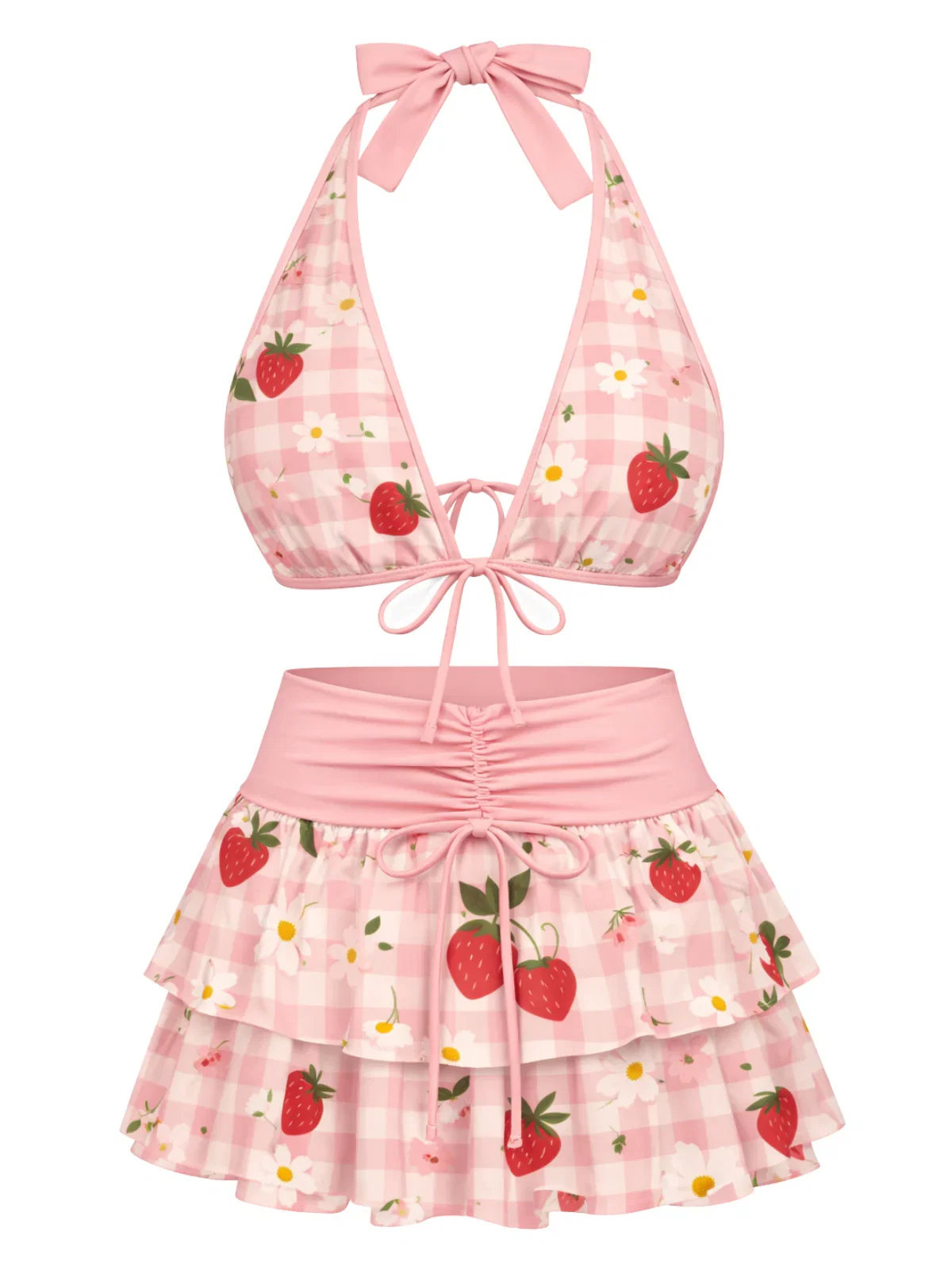 Pink Strawberry 1960s Floral Print Tie-Front Layered Bikini Set