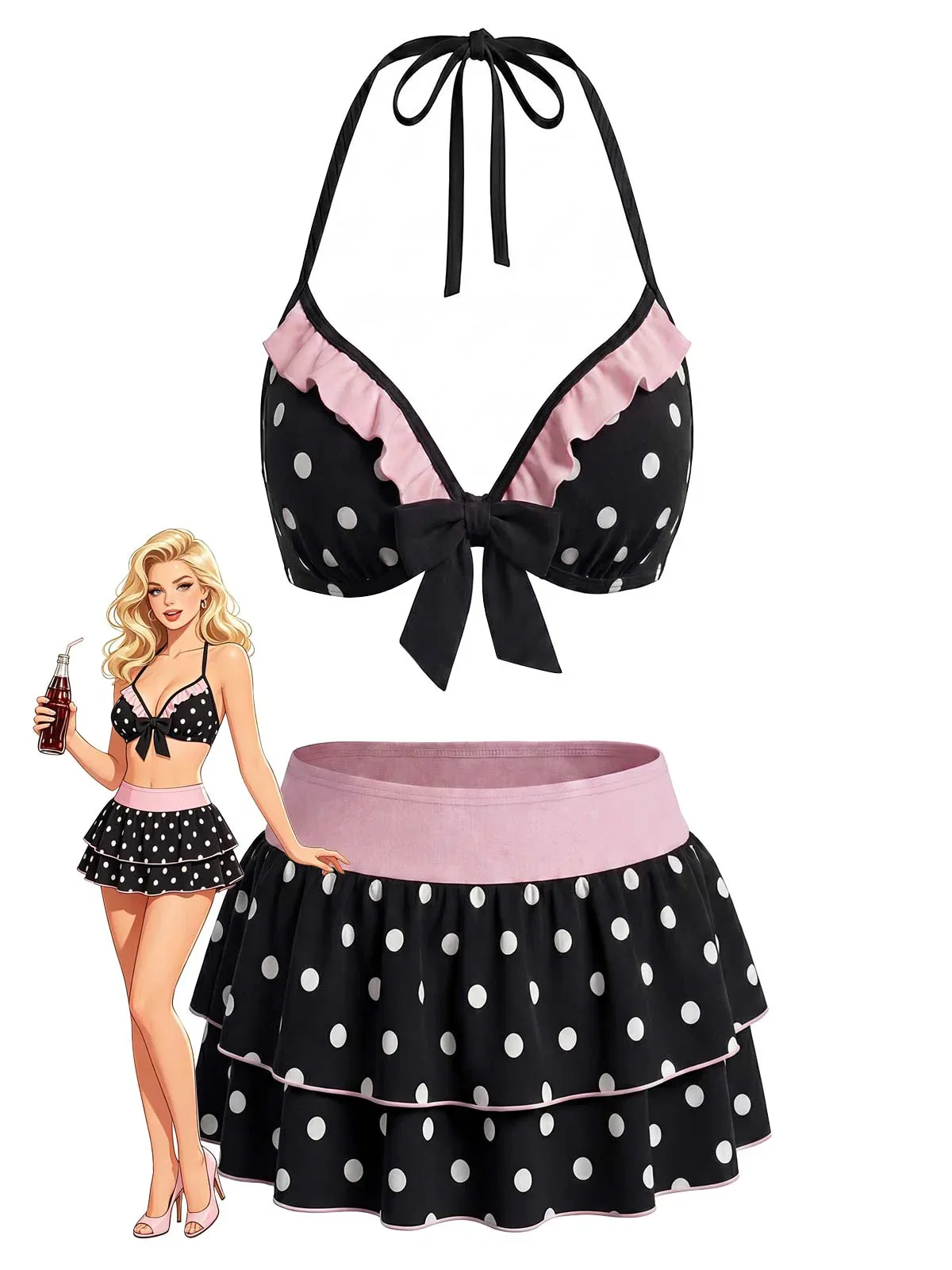 [Pre-Sale] Black 1940s Polka Dot Halter Bikini Set