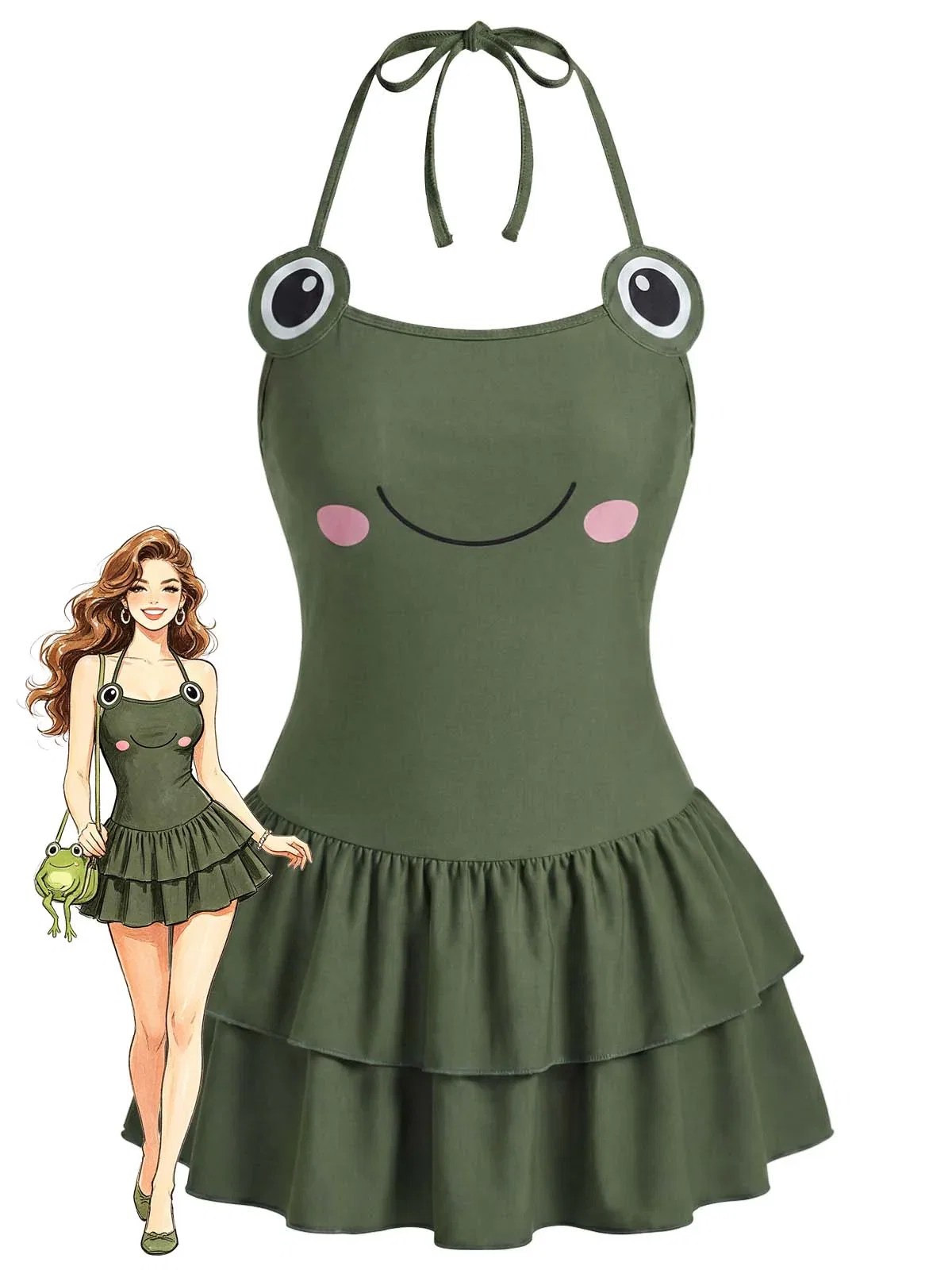 [Pre-Sale] Green 1950s Frog Print Halter Ruffled One-Piece Swimdress