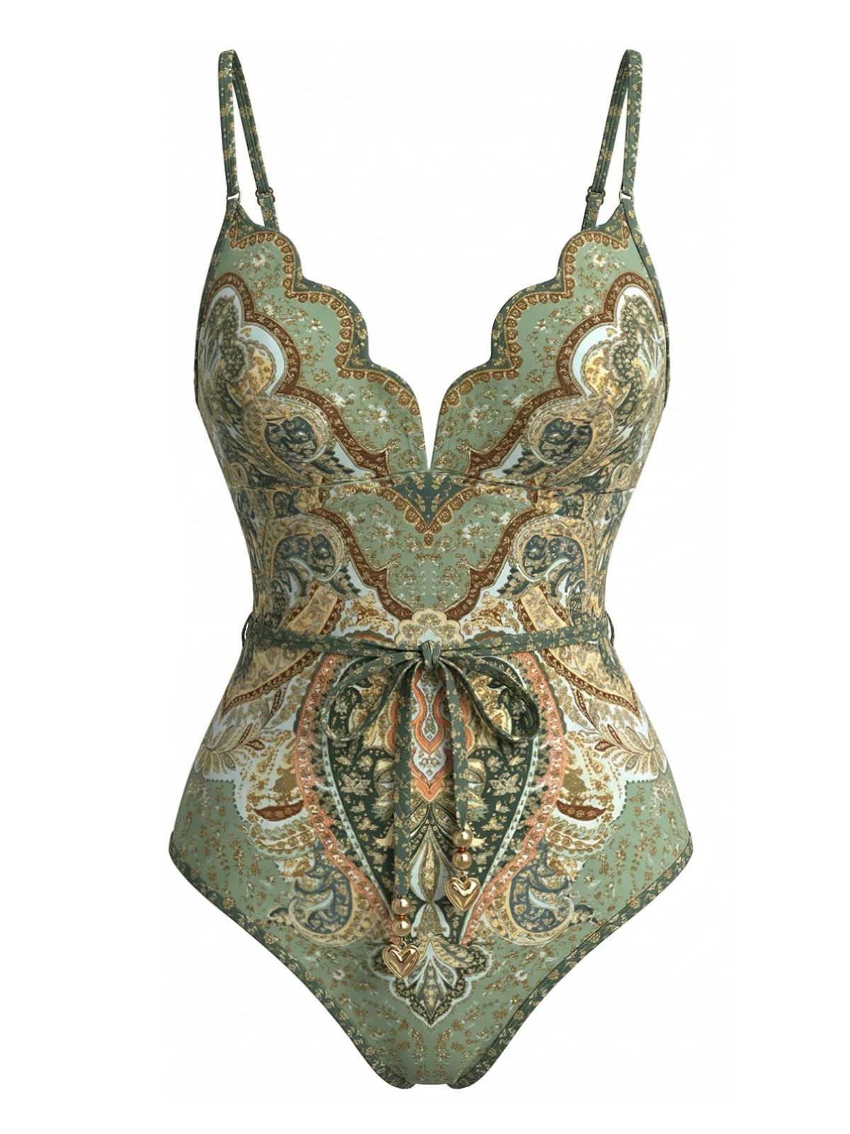 Green 1970s Bohemian Petal Collar One-Piece Swimsuit