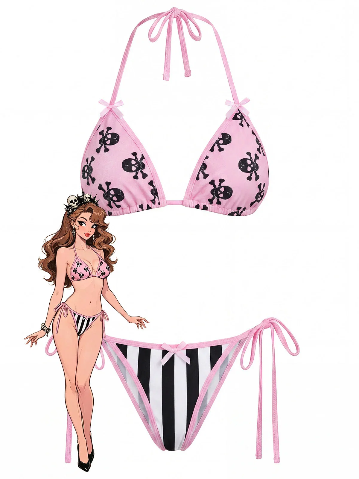 [Pre-Sale] Pink 1980s Gothic Skull Printed Striped Bikini Set