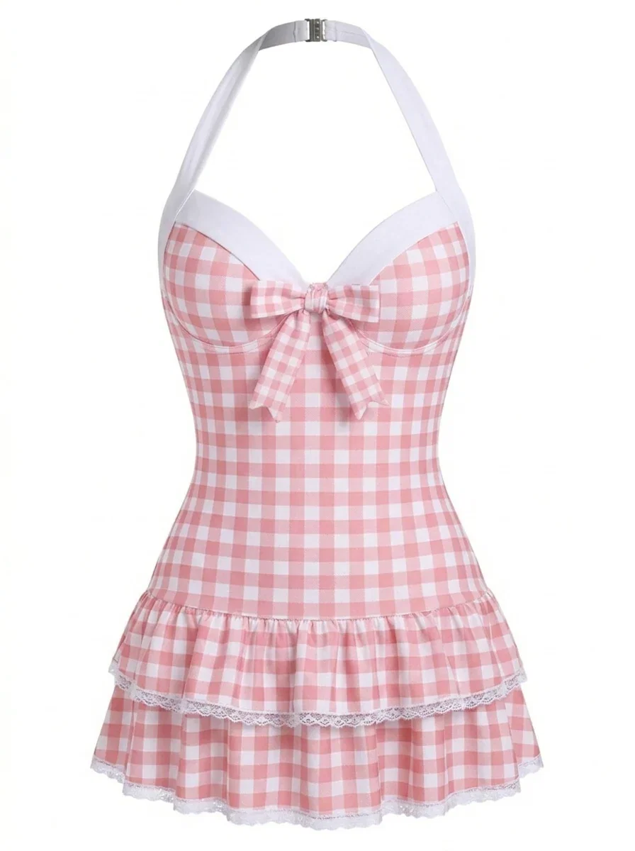 Light Pink 1940s Halter Gingham Bow One-Piece Swimsuit
