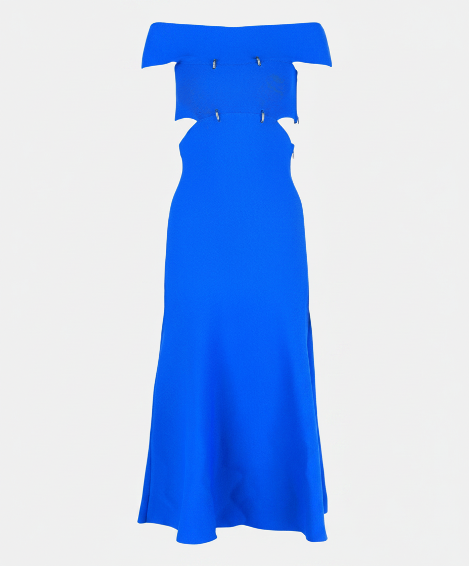 A royal blue off-the-shoulder dress with cutouts at the waist and a floor-length skirt.