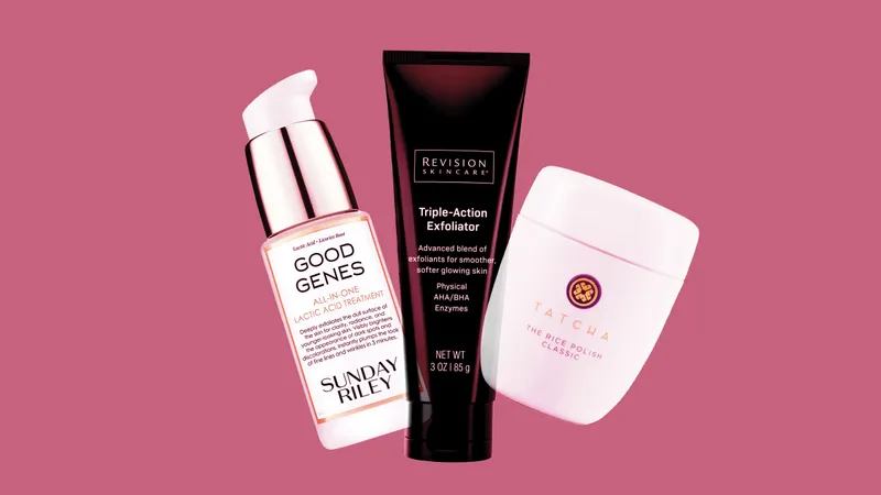 Image contains a collage of the best exfoliators for mature skin on a pink background