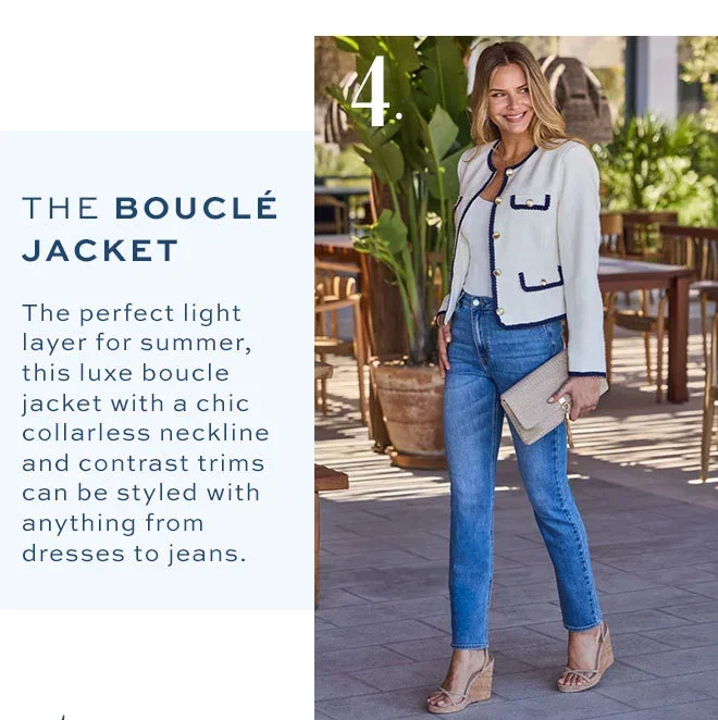 Ivory & Navy Blue Contrast Trim Boucle Jacket