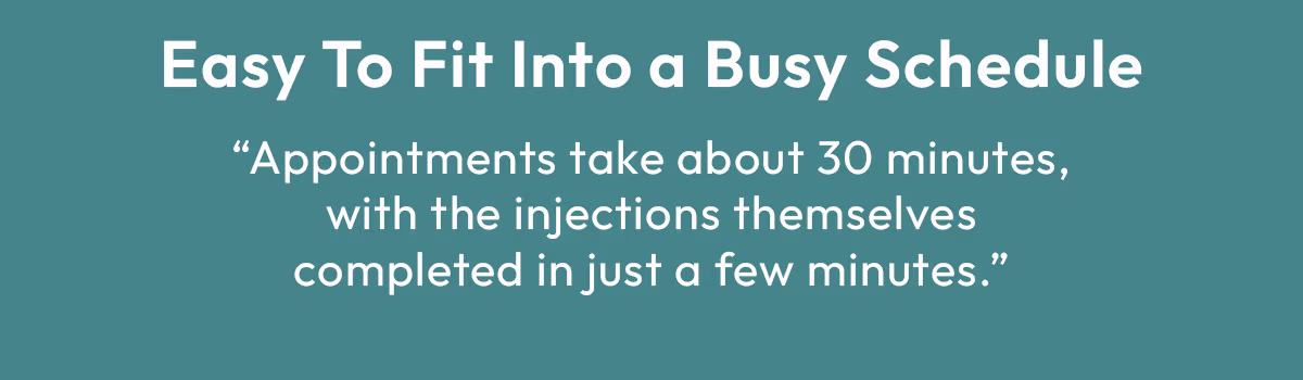 Easy To Fit Into A Busy Schedule, Appointments take about 30 minutes, with the injections themselves completed in just a few minutes