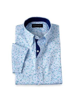 Non-Iron Cotton Floral Dress Shirt With Contrast Trim - Teal-Classic Fit / 17.5
