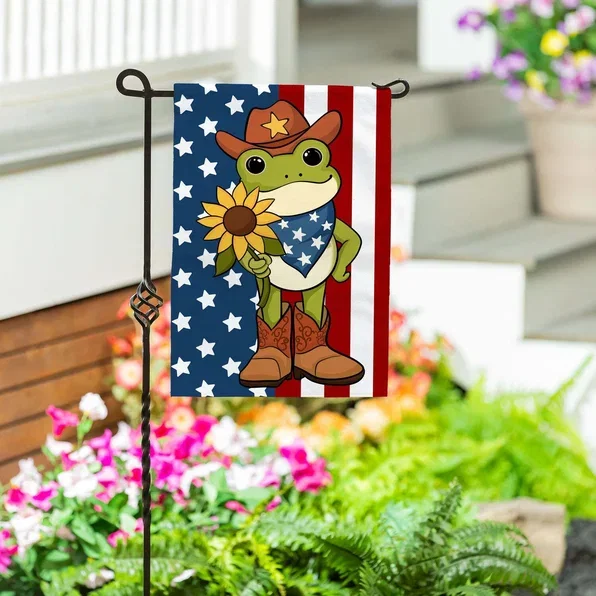 Star Spangled Cowboy Frog Burlap Garden Flag