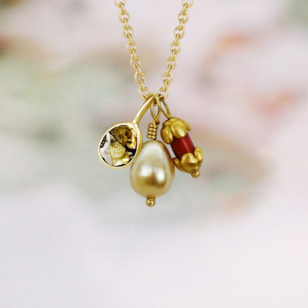 18K DI Slice, Pearl & Coral Pendant