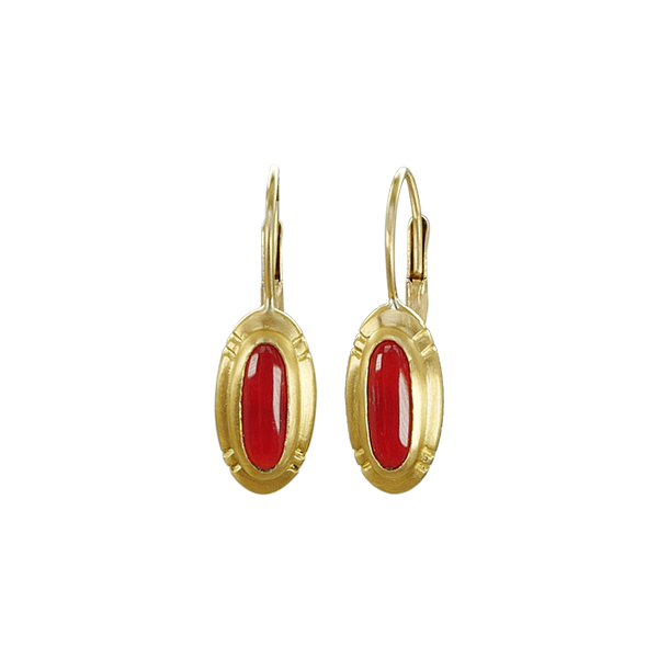 Small Etched Oval Vintage Oxblood Coral Earrings in 22K Gold