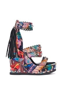 AKIRA GOLD ZANIA BUTTERFLY MULTI PRINT FRINGE EMBELLISHED WEDGE SANDAL