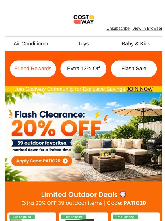 ☀️ Flash Clearance: Take an Extra 20% OFF Outdoor! ☀️