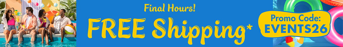 FREE shipping*. Promo Code: EVENTS26. **Up to $50; actual shipping calculated at checkout. Restrictions apply see website for details. Ends 06/12/26 with party themed imagery