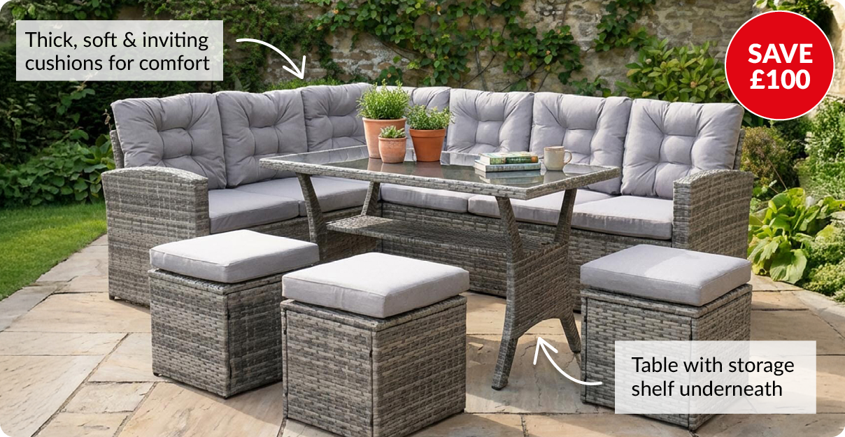 save £100. Thick, soft and inviting cushions for comfort. Table with storage shelf underneath