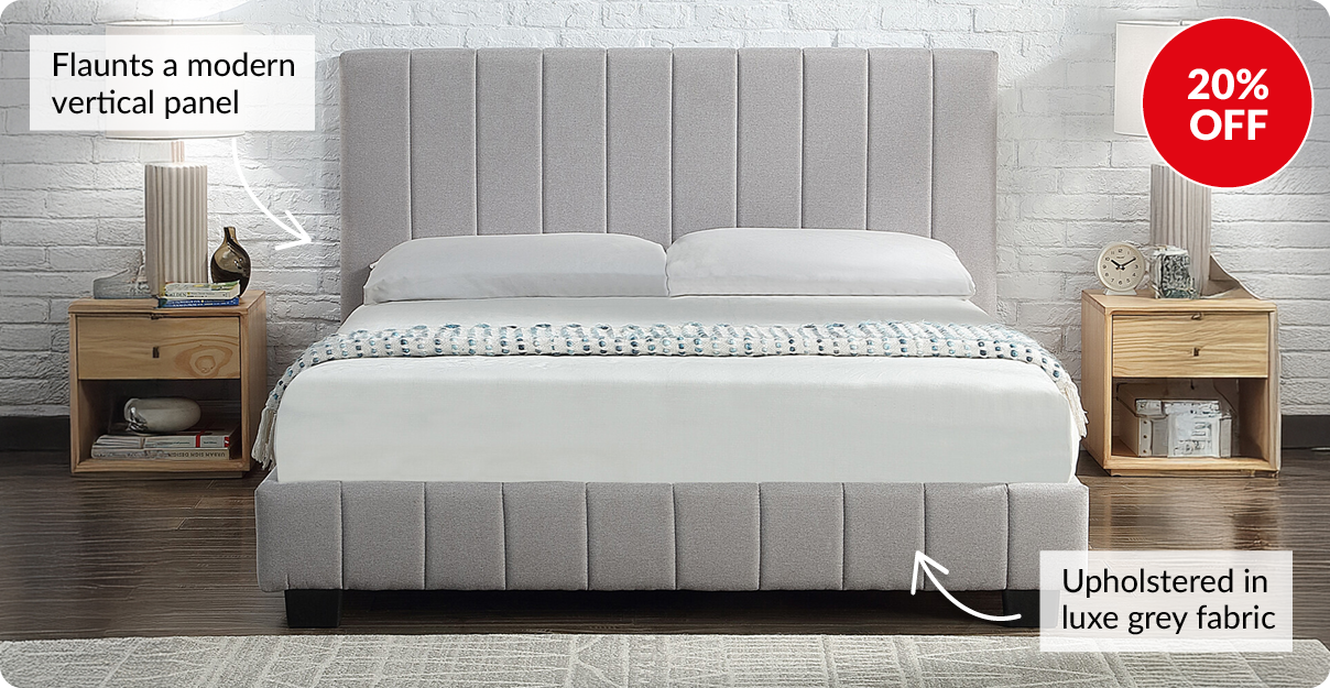 20% off. Flaunts a modern vertical panel. Upholstered in luxe grey fabric