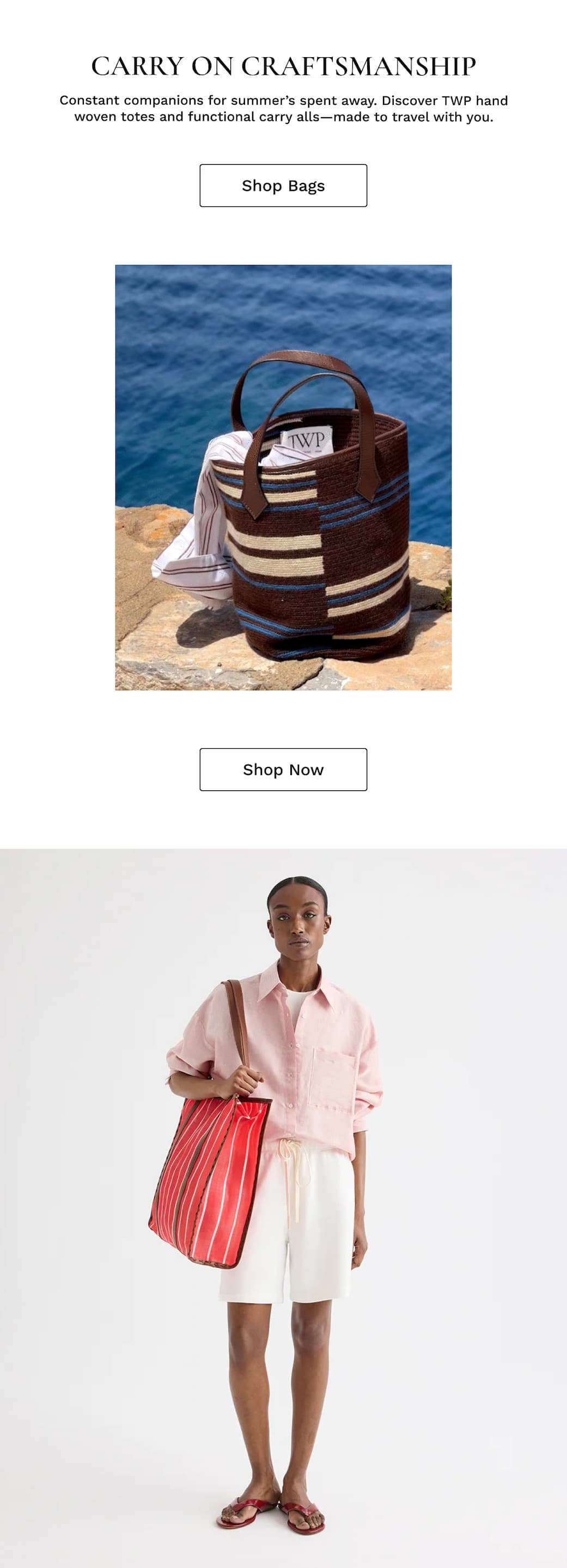 Black text followed by an image of a woven tote and an image of a model carrying a red striped tote.