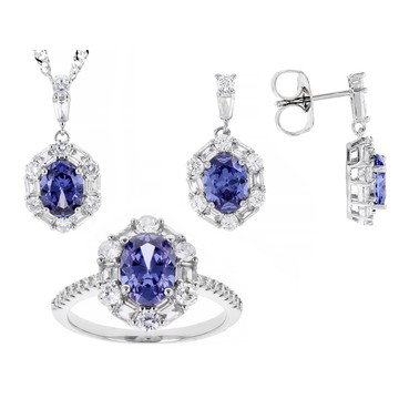 Blue and White Cubic Zirconia Rhodium Plated Ring, Pendant, and Earring Set 13.24ctw