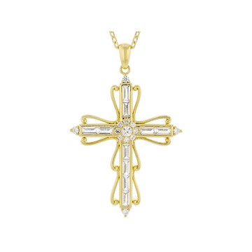 White Lab Created Sapphire 18k Yellow Gold Over Brass Cross Pendant With Chain 1.44ctw