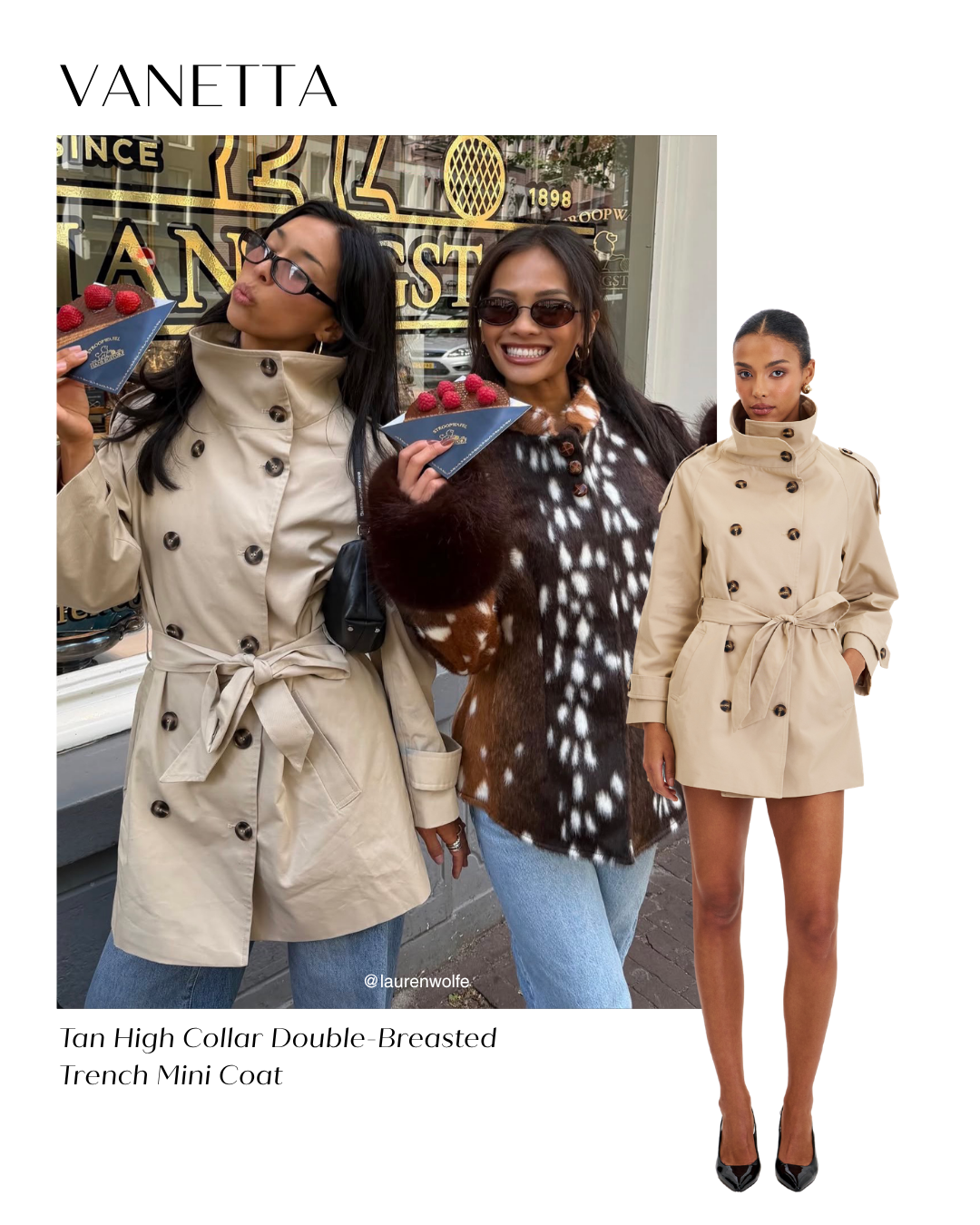 Vanetta Tan High Collar Double-Breasted Trench Mini Coat