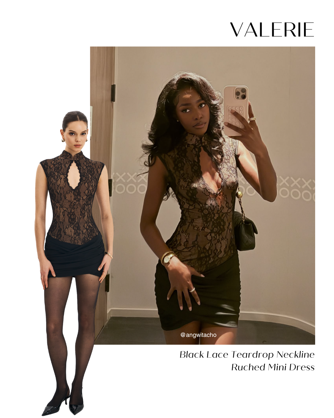 Valerie Black Lace Teardrop Neckline Ruched Mini Dress
