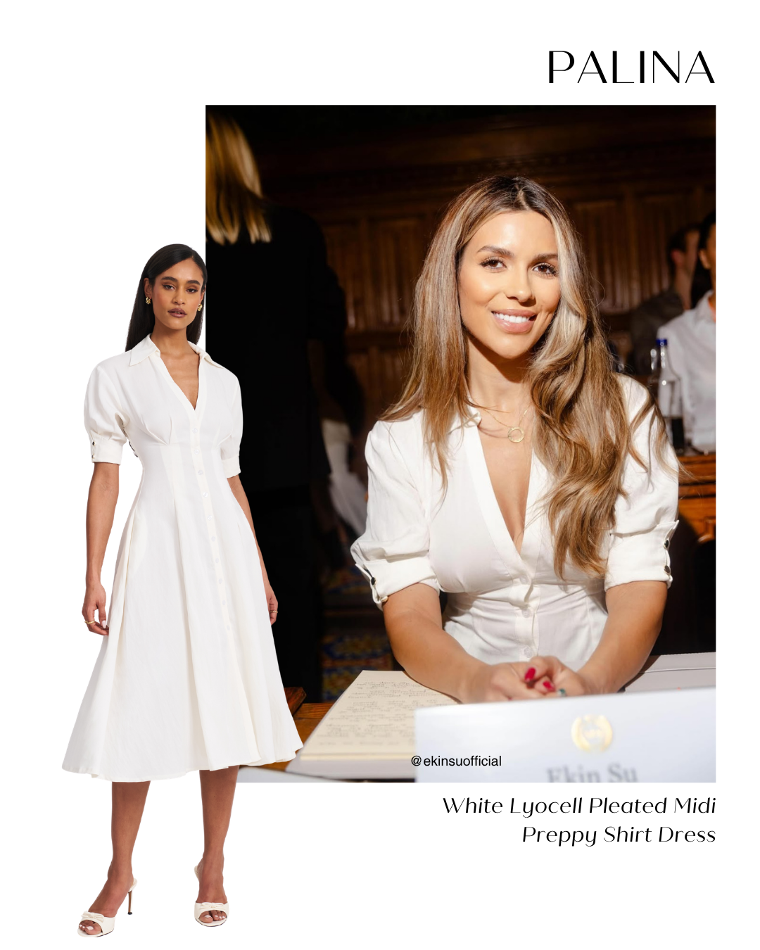 Palina White Lyocell Pleated Midi Preppy Shirt Dress