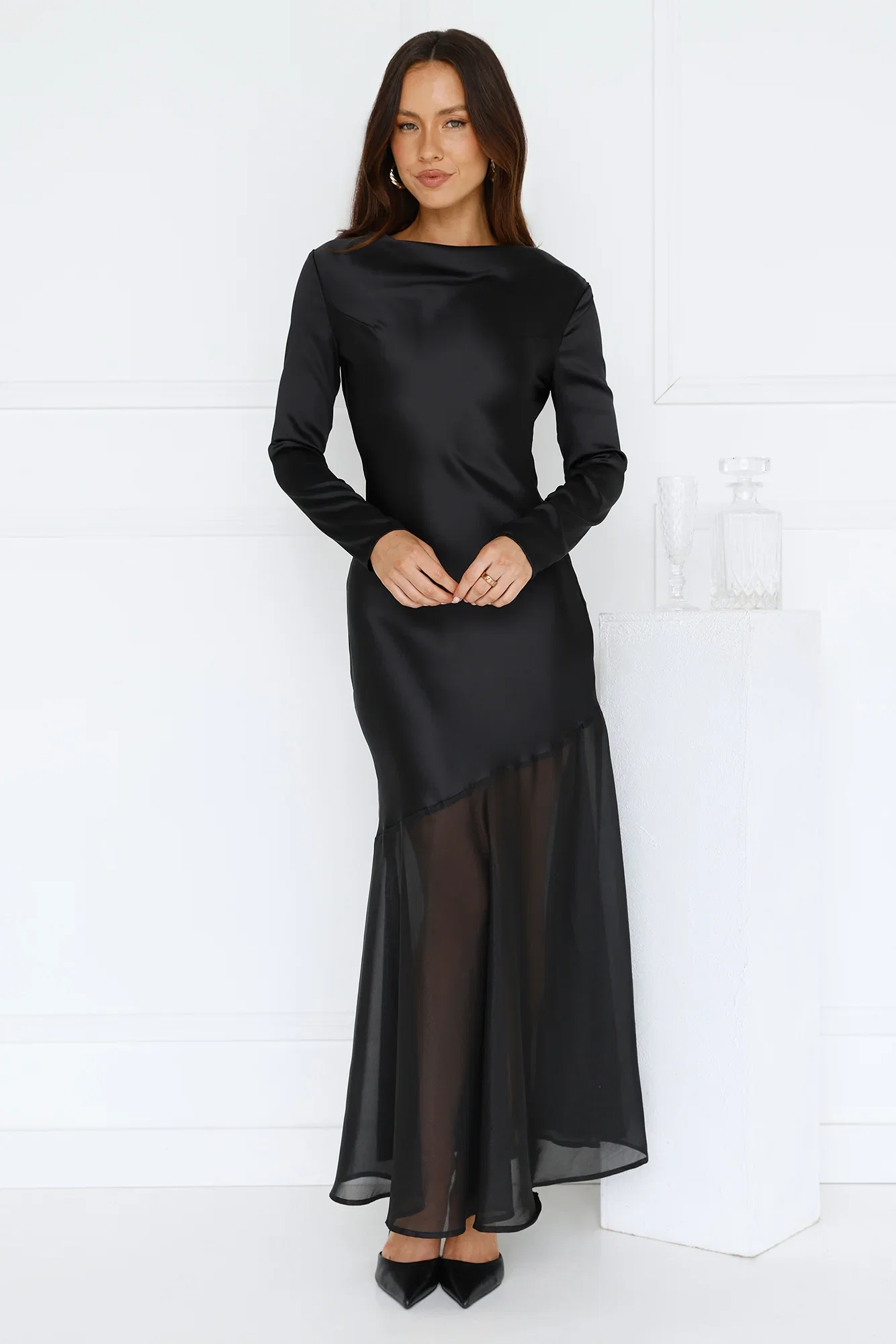 Image of Exquisite Luxury Satin Long Sleeve Maxi Dress Black