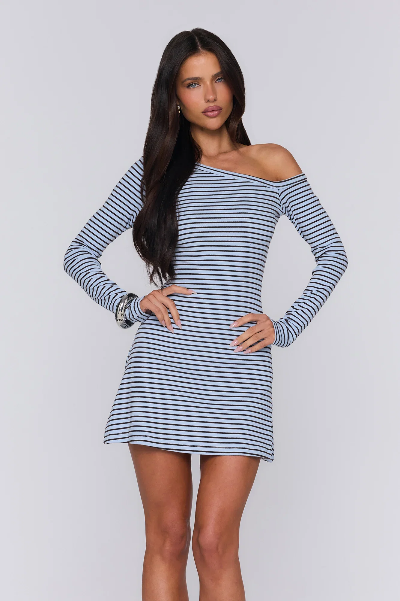 Image of BASE Luxe Rib Off Shoulder Long Sleeve Mini Dress Blue Brown Stripe