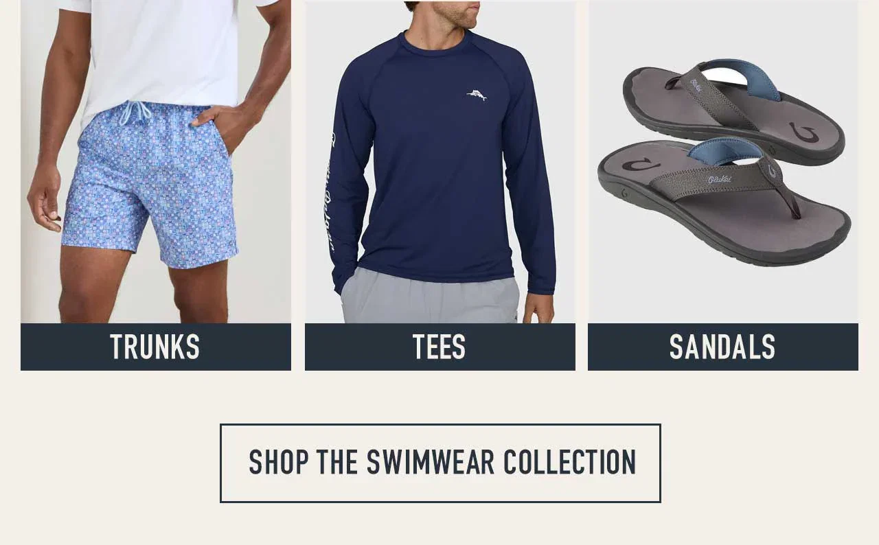 Three swim categories: Trunks — man in blue floral-print swim shorts; Tees — man in navy long-sleeve performance tee; Sandals — OluKai flip-flops in gray. Shop the Swimwear Collection button below.