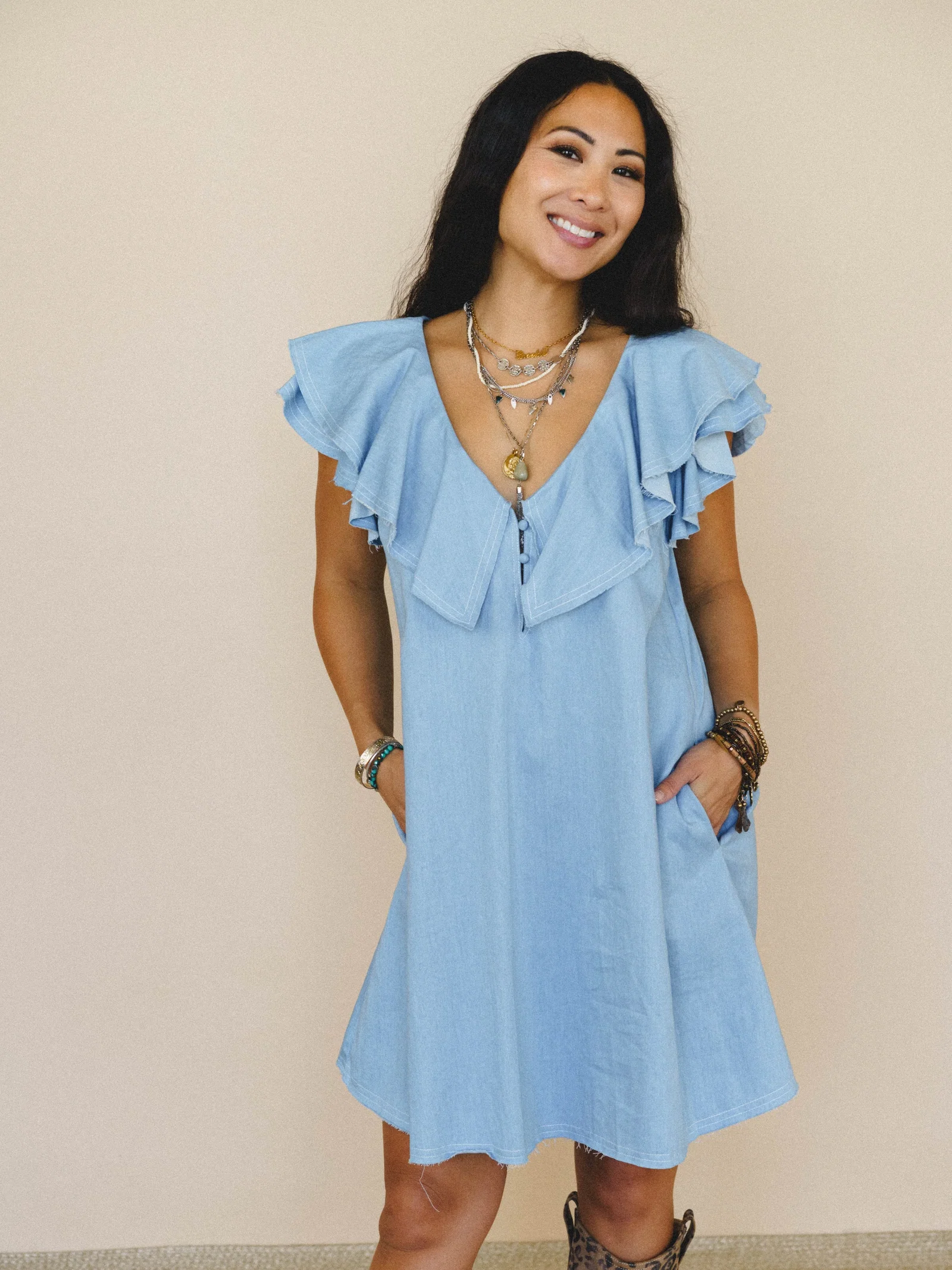 Image of Chambray Daydream Flutter Sleeve Dress - Light Denim