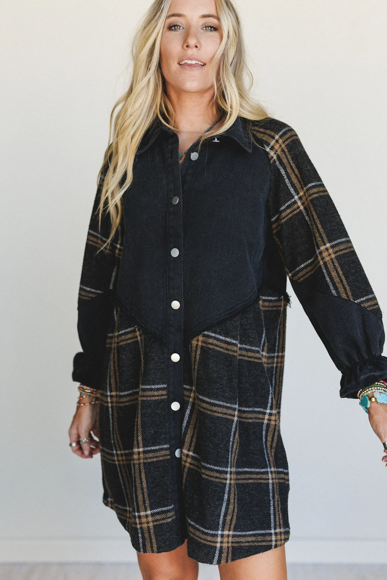 Image of Beau Plaid Button Front Dress - Black