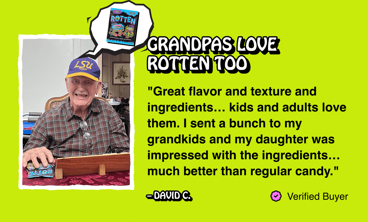 "Great flavor and texture and ingredients…kids and adults love them. I sent a bunch to my grandkids and my daughter was impressed with the ingredients… much better than regular candy." – David C.