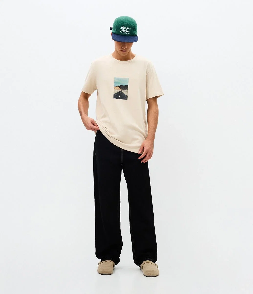 Calça Baggy em Sarja com Costura Contrastante e Cadarço na Cintura