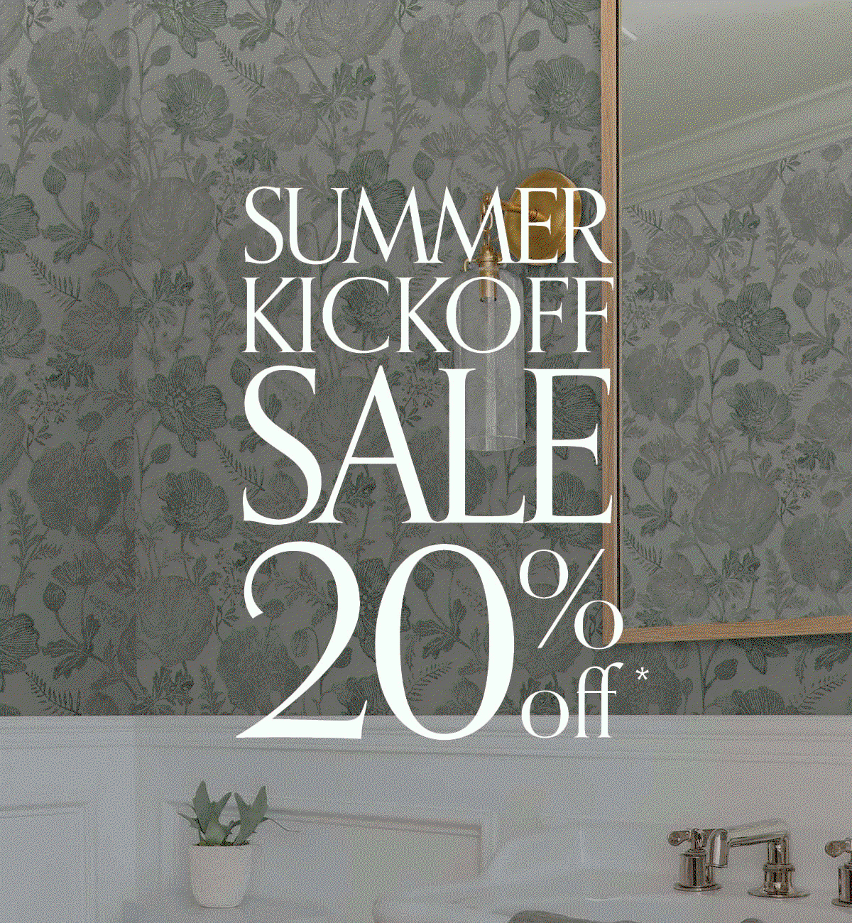 Gif image showing Tempaper wallpaper installed in various room settings. Text overlay "Summer Kickoff Sale 20% Off*"