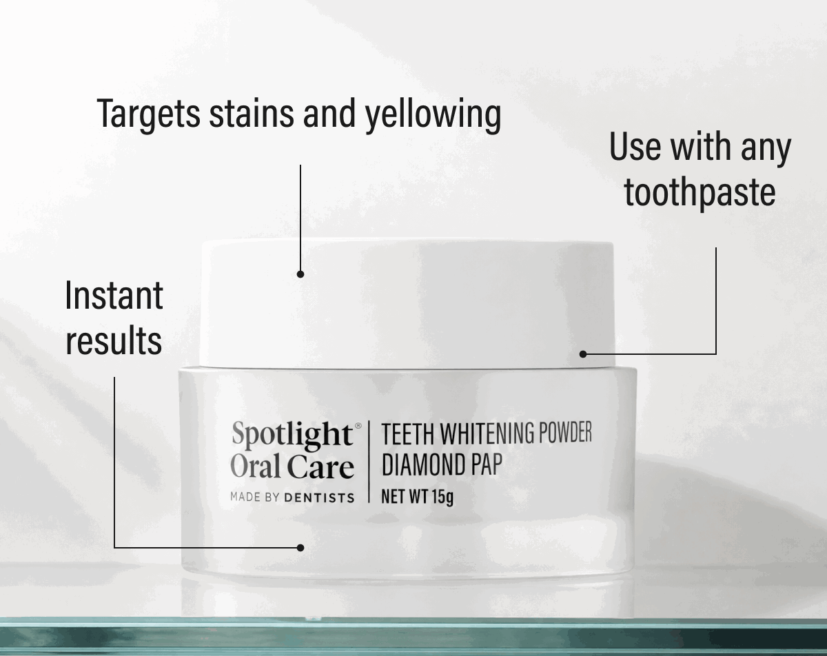 Targets stains and yellowing | Use with any toothpaste | Instant results