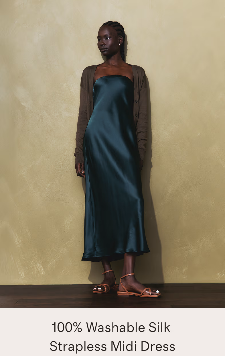 100% Washable Silk Strapless Midi Dress