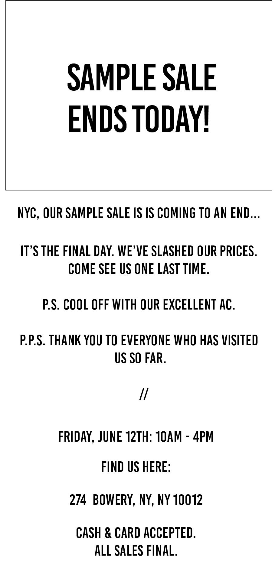 LAST DAY SAMPLE SALE