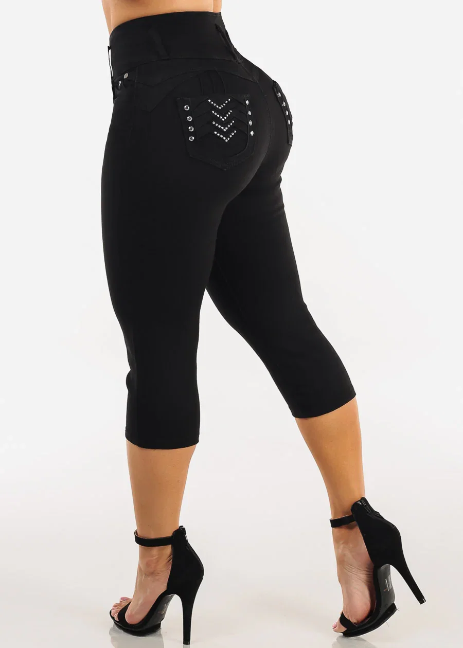 Image of MX JEANS Butt Lift High Waist Stretch Denim Capris Black