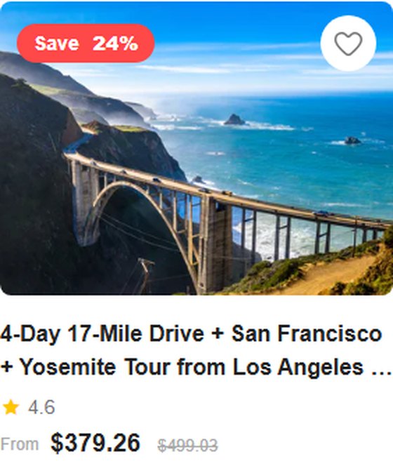 4-Day 17-Mile Drive + San Francisco + Yosemite Tour from Los Angeles · Highway 1, Big Sur, and Silicon Valley 4.6 (47 reviews) Tour Code: 727803