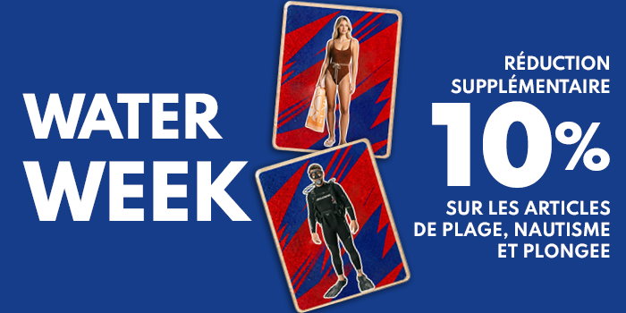 Water Week banner showing two card-style images — swimmer in swimsuit and diver in wetsuit — with 10% off on beach, boating and diving gear