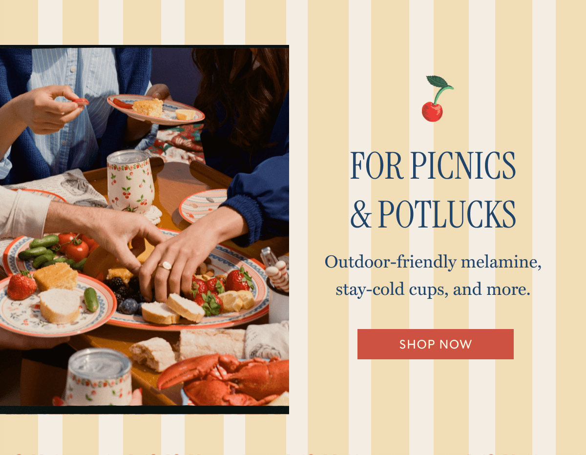 FOR PICNICS & POTLUCKS - Outdoor-friendly melamine, stay-cold cups, and more. | SHOP NOW