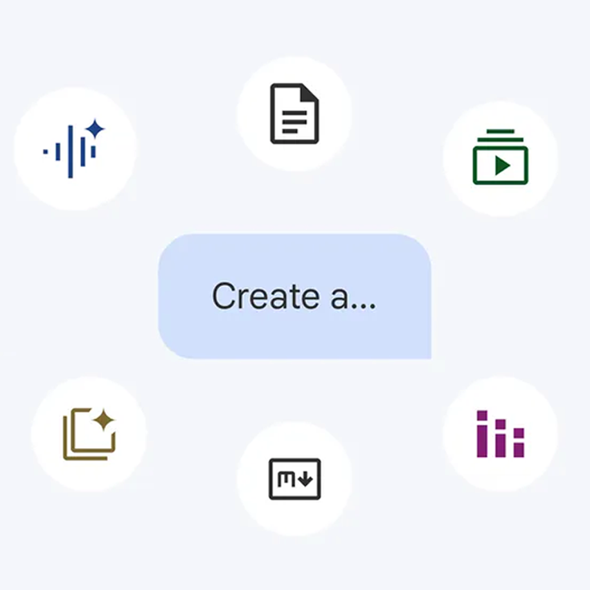 'Create a...' chat bubble surrounded by content creation icons.