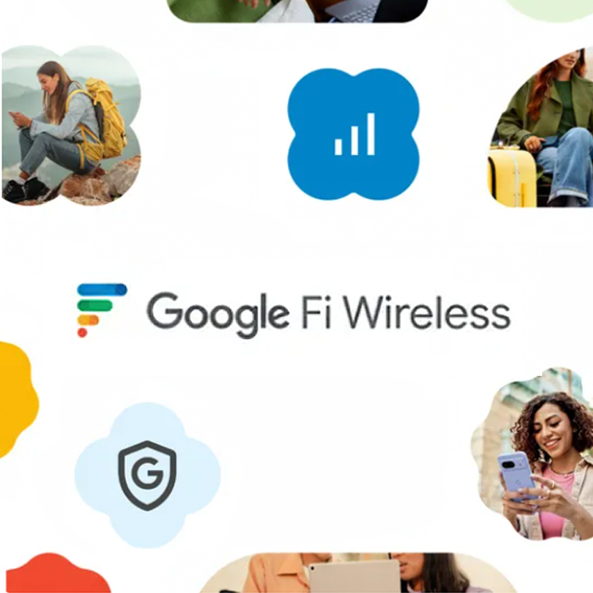 Google Fi Wireless logo surrounded by travel, connectivity, and security icons.